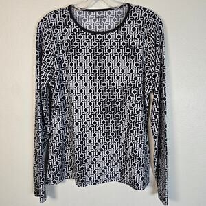 Lands End Rash Guard Women's M Black White Geometric Beach Summer Coastal